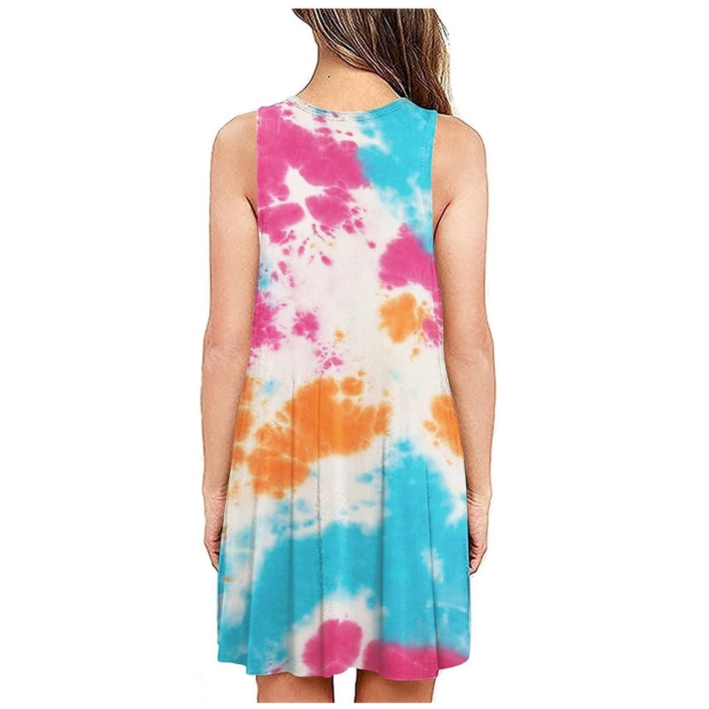 Casual Swing V-neck T-Shirt Tank Dress Colorful Tie-Dye Orange Pink Blue Sz S - Picture 2 of 9